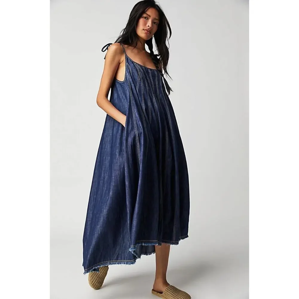 Free People Denim Dreams Midi Dress in 70s Blue Size XS Jean Jumper Retro NWT